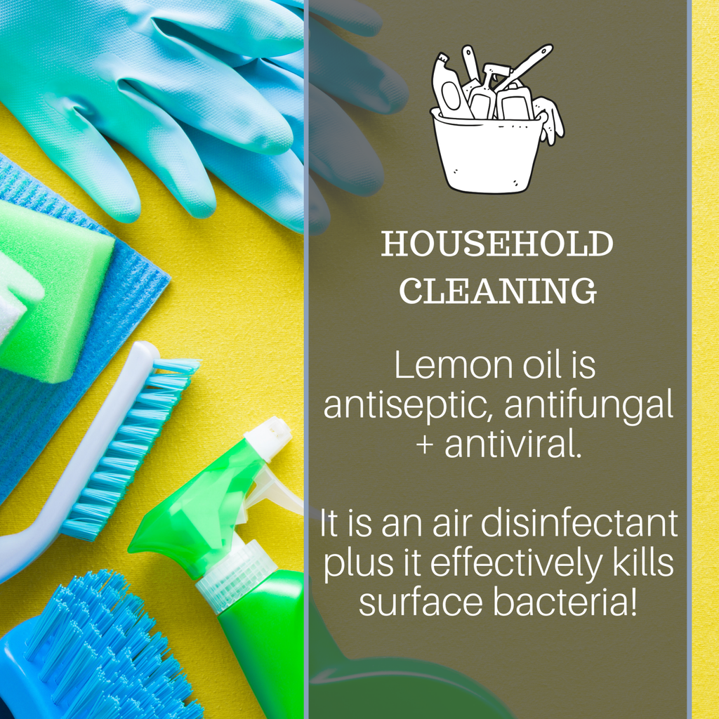 A graphic about household cleaning featuring cleaning supplies, including gloves, sponges, brushes, and a spray bottle. Text on the image states: "HOUSEHOLD CLEANING. Lemon Essential Oil, 4 fl oz is antiseptic, antifungal + antiviral. It is an air disinfectant plus it effectively kills surface bacteria!".