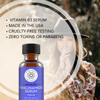 A bottle of Vitamin B3 Serum is in the foreground. Text beside it reads, "VITAMIN B3 SERUM, MADE IN THE USA, CRUELTY-FREE TESTING, ZERO TOXINS OR PARABENS." A woman in a hat and floral blouse stands against a nature backdrop in the background.