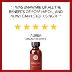 A testimonial image featuring a quote from an Amazon shopper named Aurea. The text reads, "I was unaware of all the benefits of rose hip oil, and now I can't stop using it!" followed by a 5-star rating. Below the text, there is an image of a bottle of Rosehip Seed Oil, 1 fl oz.