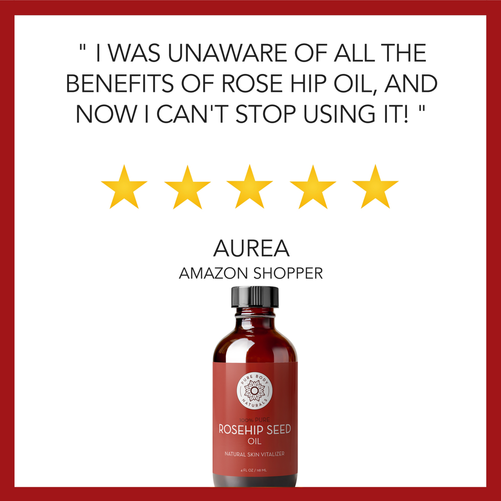 A white background image with a testimonial at the top saying, "I was unaware of all the benefits of rose hip oil, and now I can't stop using it!" followed by five gold stars. Below that, "Aurea, Amazon Shopper" is written, and at the bottom is a bottle of Rosehip Seed Oil, 4 fl oz.