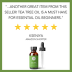 A review graphic features a testimonial from an Amazon shopper named Kseniya, praising Tea Tree Essential Oil, 1 fl oz as a must-have for beginners. The graphic shows a 5-star rating and an image of a tea tree oil bottle with a dropper against a white and green background.