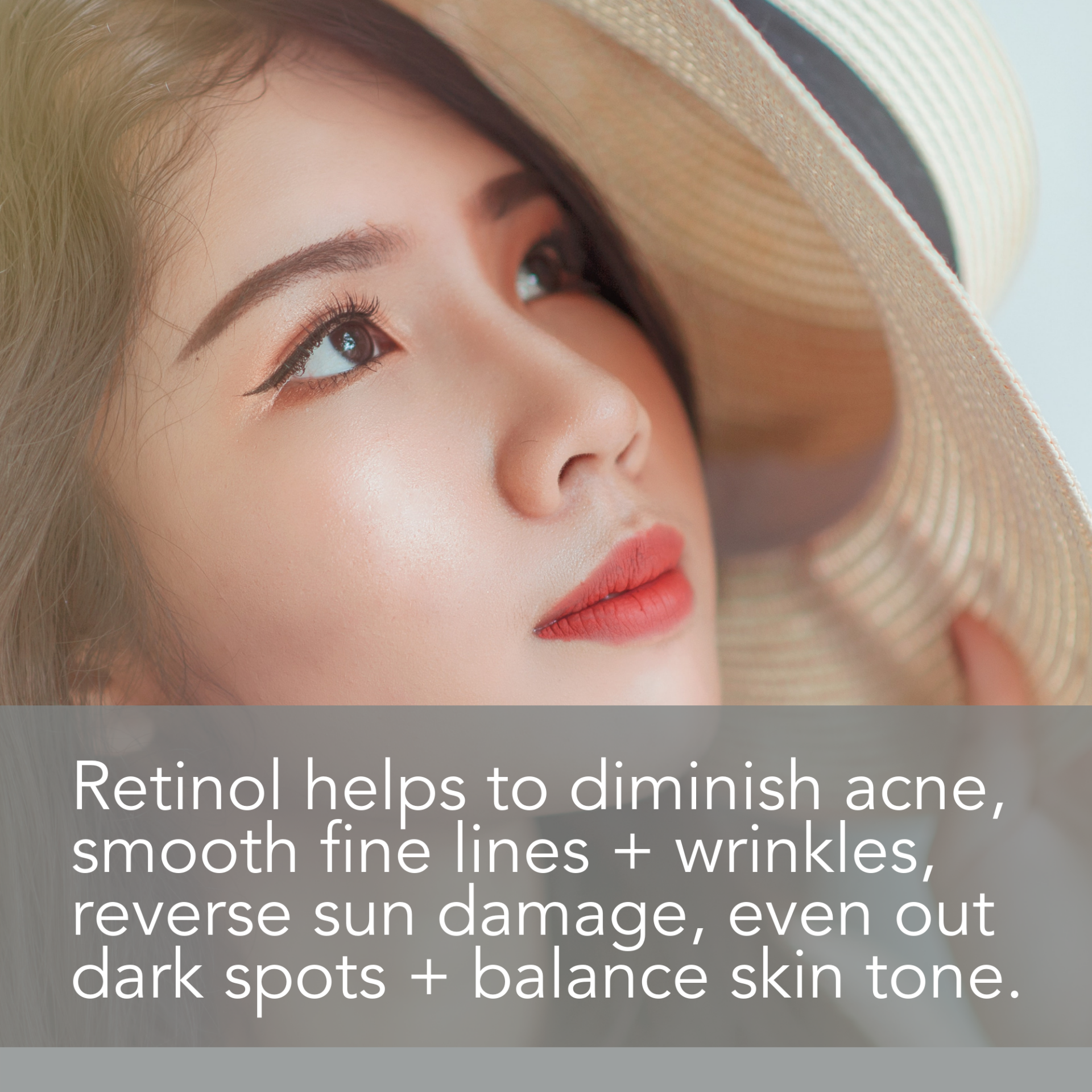 A woman with smooth, glowing skin gazes upwards while wearing a hat. Text overlay reads: "Retinol Moisturizer Cream, 1.7 Ounce helps to diminish acne, smooth fine lines + wrinkles, reverse sun damage, even out dark spots + balance skin tone.