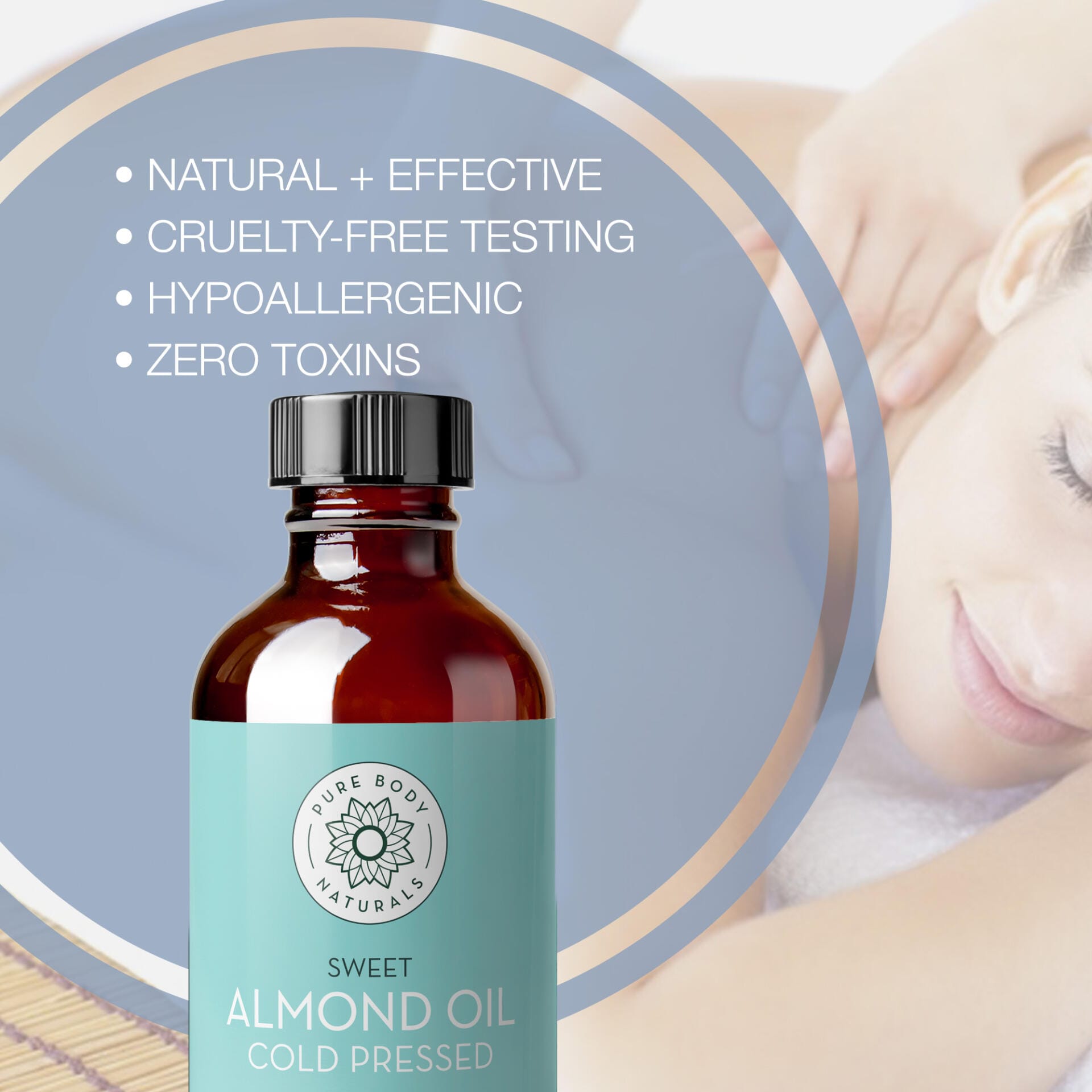 Bottle of sweet almond oil with branding and product details on a blurred background