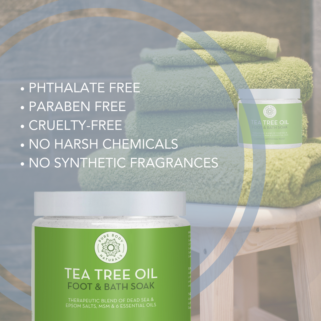 Tea tree oil foot and bath soak with green towels in the background