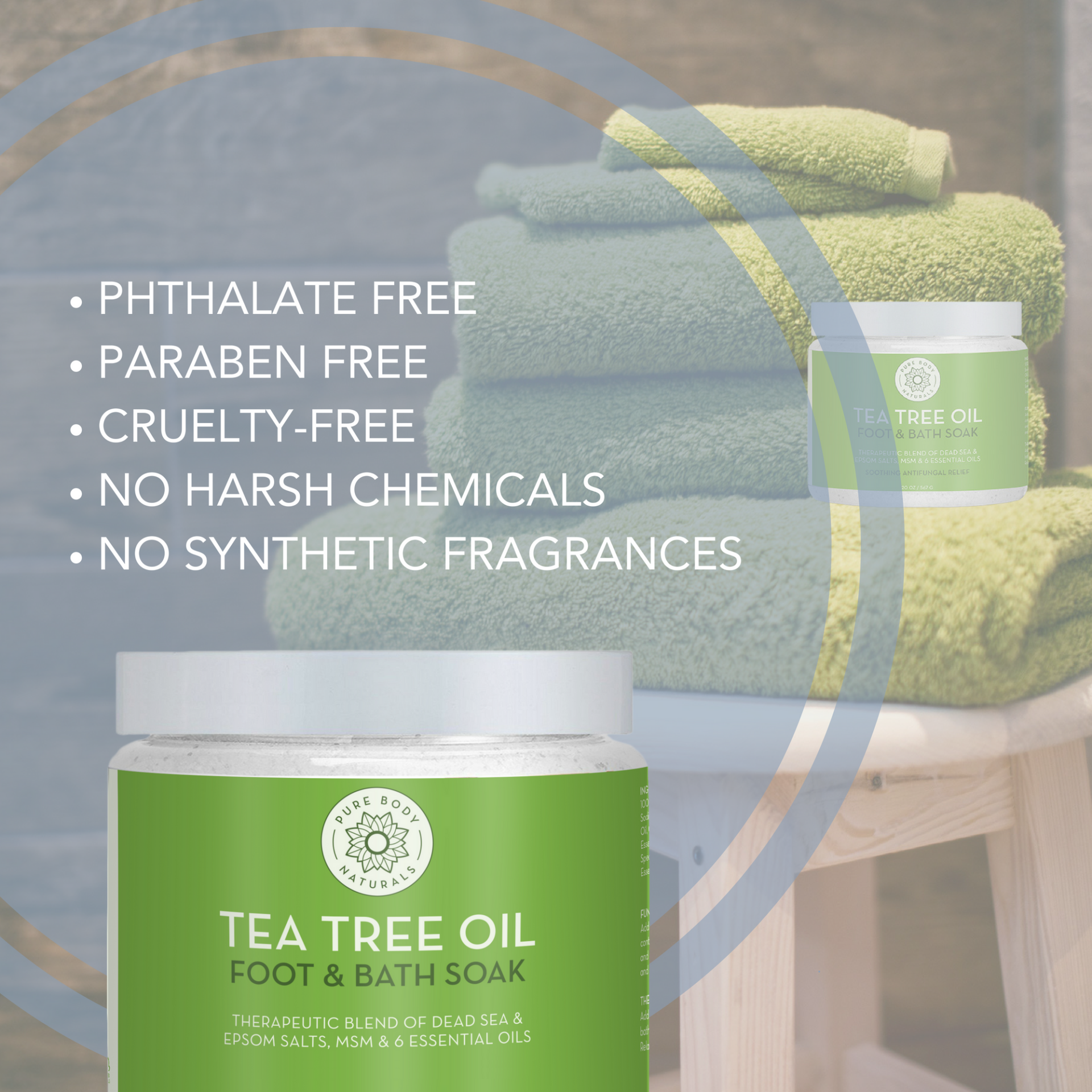 Tea tree oil foot and bath soak with green towels in the background