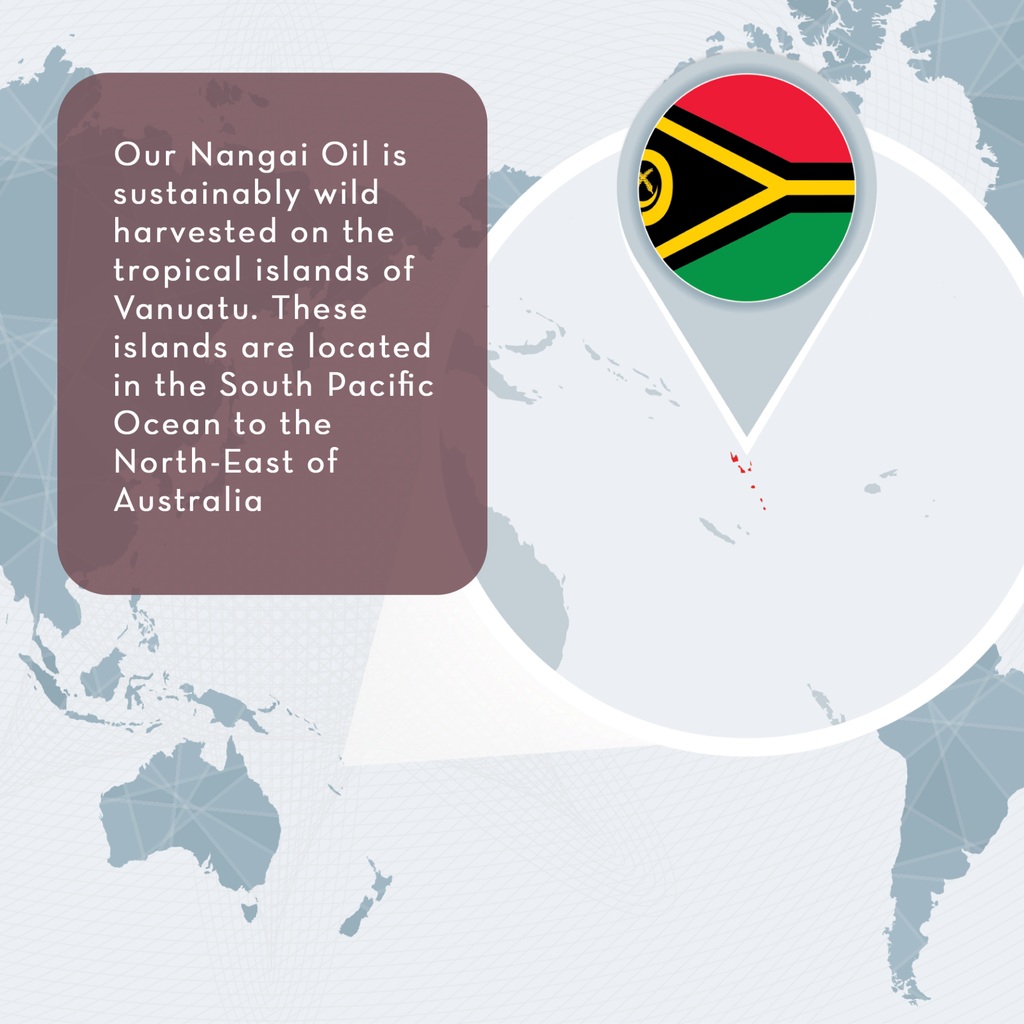 A world map highlights the location of Vanuatu with an inset showing the Vanuatu flag. A text box reads: "Our Nangai Oil, 4 fl oz is sustainably wild harvested on the tropical islands of Vanuatu. These islands are located in the South Pacific Ocean to the North-East of Australia.