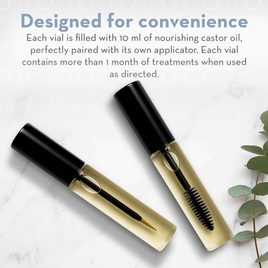 Two vials of nourishing castor oil with applicators on a light background.