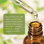 Close-up image of a dropper above an open amber bottle, releasing a droplet of Marula Facial Oil. The background is a soft-focus blend of green and white hues. A textbox reads: "Marula Facial Oil has a clear, light yellow color and a nutty aroma. It contains oleic acid and antioxidants, including Vitamin E.