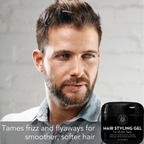 A man with stylishly groomed hair looks off to the side with a neutral expression. In the corner of the image, there is a black jar labeled "Hair Gel for Men" with the slogan "Tames frizz and flyaways for smoother, softer hair" underneath it.
