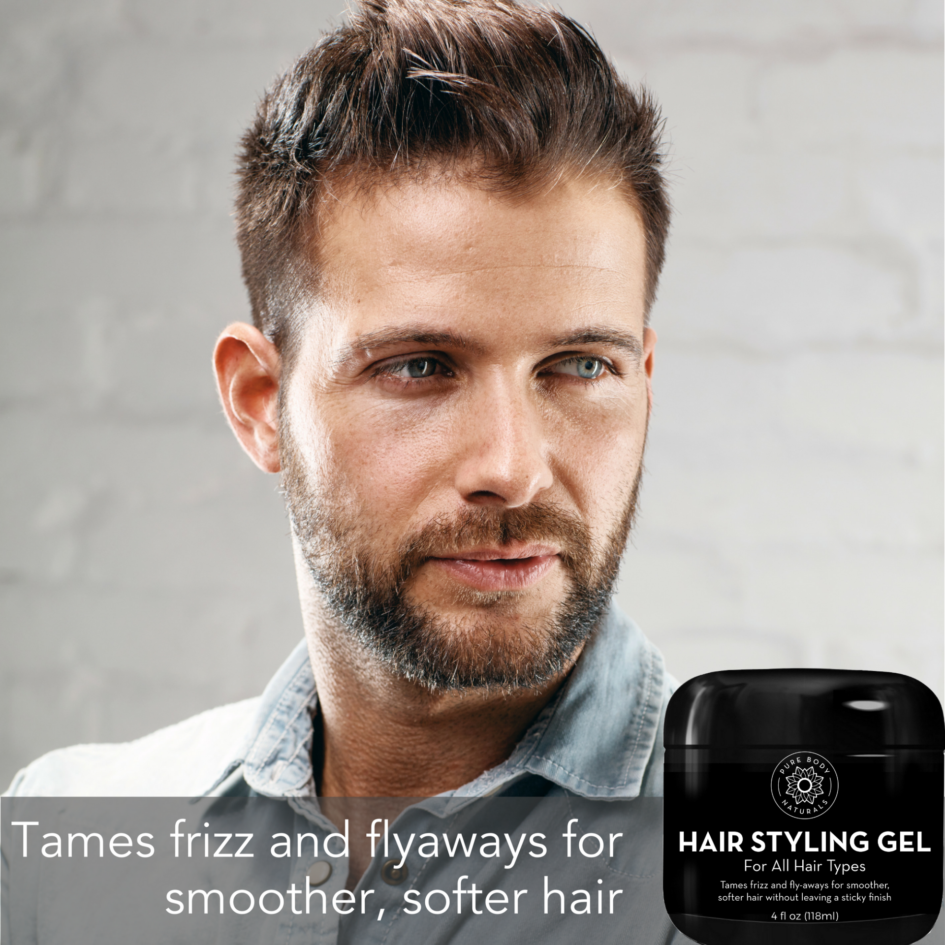 A man with stylishly groomed hair looks off to the side with a neutral expression. In the corner of the image, there is a black jar labeled "Hair Gel for Men" with the slogan "Tames frizz and flyaways for smoother, softer hair" underneath it.