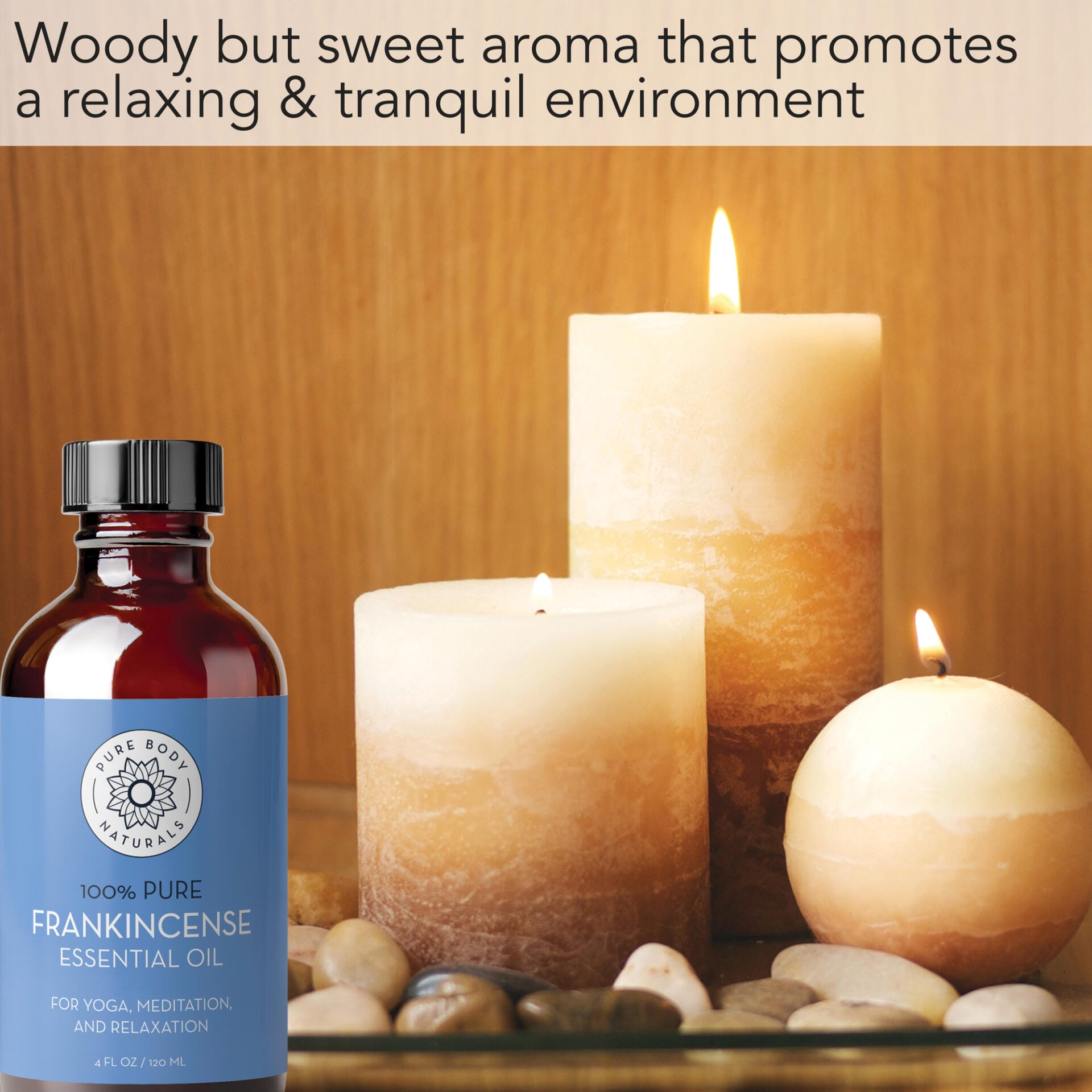 A bottle of Frankincense Essential Oil, 4 fl oz is in the foreground. Behind it, three lit candles of varying sizes create a warm, tranquil ambiance. The text above reads, "Woody but sweet aroma that promotes a relaxing & tranquil environment.