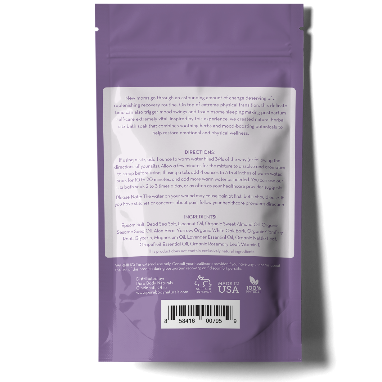 The back of a purple resealable pouch with white text detailing directions and ingredients for Recovery Ritual Sitz Bath Salt, 10 oz. The directions suggest how to use the soak, and the ingredients list includes Epsom salt, Dead Sea salt, and various organic oils. "Made in USA" and a barcode are visible.