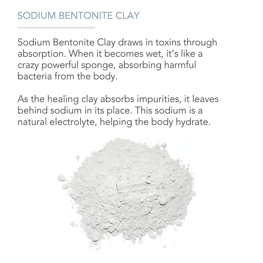 An image featuring text about Bentonite Indian Healing Clay, 100% Pure and its benefits. Below the text is a mound of white, powdered Bentonite Indian Healing Clay, 100% Pure.