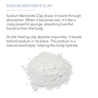 An image featuring text about Bentonite Indian Healing Clay, 100% Pure and its benefits. Below the text is a mound of white, powdered Bentonite Indian Healing Clay, 100% Pure.
