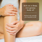 A close-up of a person sitting while gently massaging their legs. The accompanying text reads, "Acts as a deep, non-greasy body oil. Packed with naturally occurring fatty acids." The person's hands and legs are the primary focus, highlighting smooth, moisturized skin. Product Name: Nangai Oil, 4 fl oz.