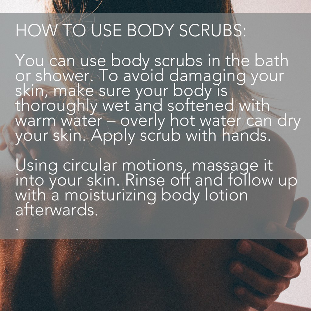 A guide on how to use Superfruit Smoothie Scrub is overlaid on an image of a person in a towel. It advises using Superfruit Smoothie Scrub in the bath or shower with wet skin, applying the scrub with hands, using circular motions to massage it in, and rinsing off before moisturizing.