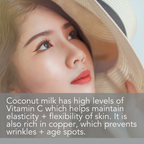 A close-up of a woman with flawless skin, looking to the side. She is wearing a wide-brimmed hat. The image includes the text: "Coconut Milk Exfoliating Body Scrub has high levels of Vitamin C which helps maintain elasticity + flexibility of skin. It is also rich in copper, which prevents wrinkles + age spots.