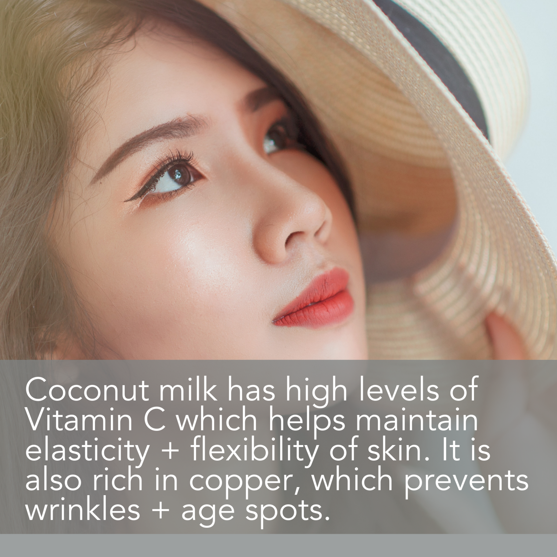 A close-up of a woman with flawless skin, looking to the side. She is wearing a wide-brimmed hat. The image includes the text: "Coconut Milk Exfoliating Body Scrub has high levels of Vitamin C which helps maintain elasticity + flexibility of skin. It is also rich in copper, which prevents wrinkles + age spots.