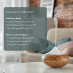 Image of a cozy living room with a diffuser emitting steam on a table. A semi-transparent overlay lists popular Rosemary Essential Oil blends: "Refreshing Blend" and "Memory Enhancer Blend," detailing the number of drops of essential oils needed for each blend.