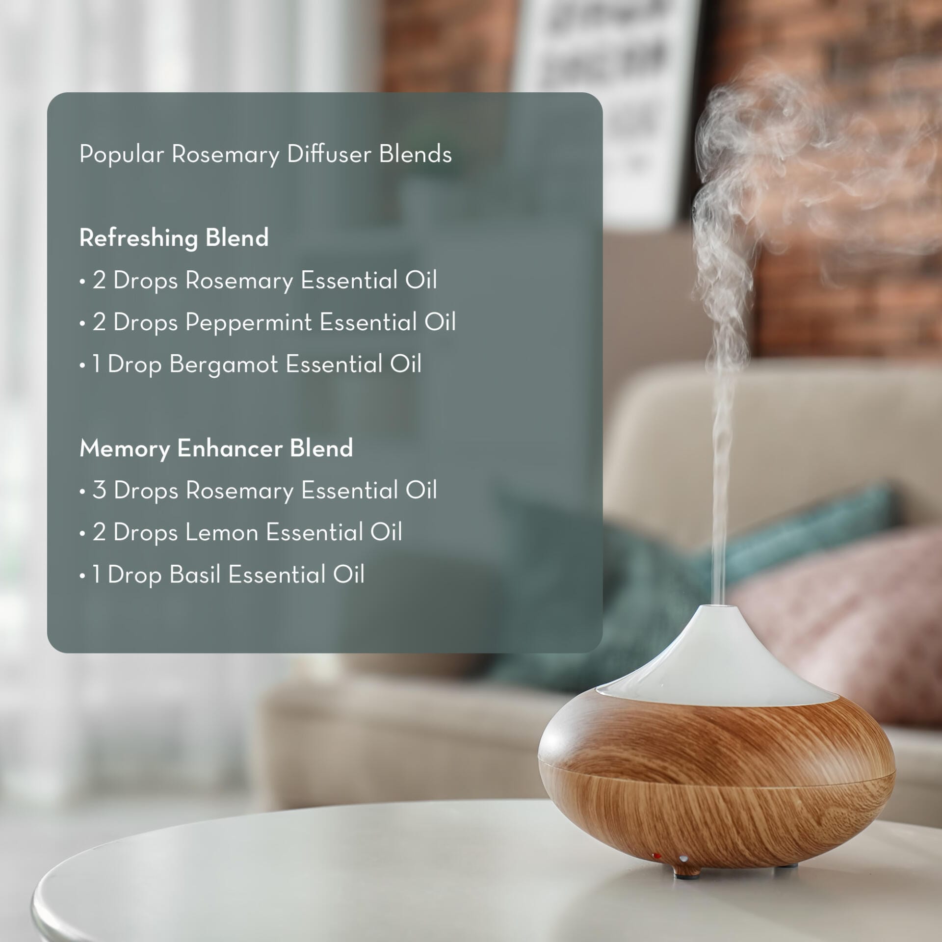 Image of a cozy living room with a diffuser emitting steam on a table. A semi-transparent overlay lists popular Rosemary Essential Oil blends: "Refreshing Blend" and "Memory Enhancer Blend," detailing the number of drops of essential oils needed for each blend.
