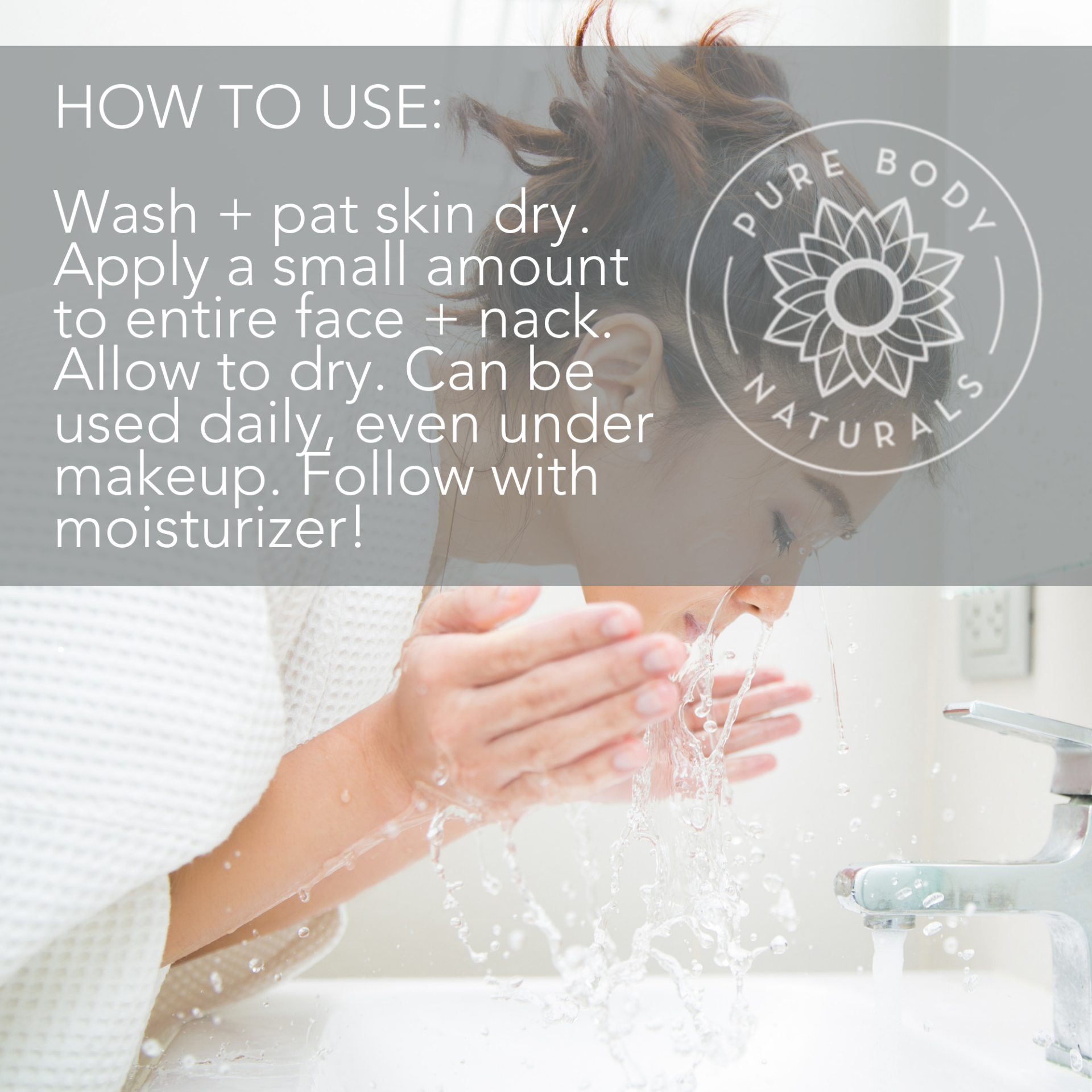 A woman washes her face in a bathroom sink. Instructions beside her read: "HOW TO USE: Wash + pat skin dry. Apply a small amount to entire face + neck. Allow to dry. Can be used daily, even under makeup. Follow with moisturizer!" The Age Defying Hyaluronic Acid Serum with Vitamins C & E, 1 Fl Ounce logo is visible.