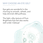 Informational graphic titled "Why Choose an Eye Gel?" describing benefits of eye gels such as reducing morning puffiness and refreshing the skin. Mentions Cool Hydration Eye Gel Treatment’s light, silky texture suitable under makeup. Image includes a close-up of the gel texture.