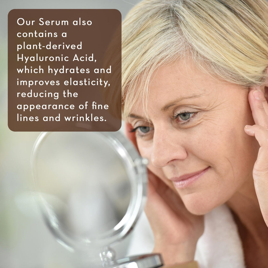 Woman applying serum to her face with a text overlay about plant-derived Hyaluronic Acid.