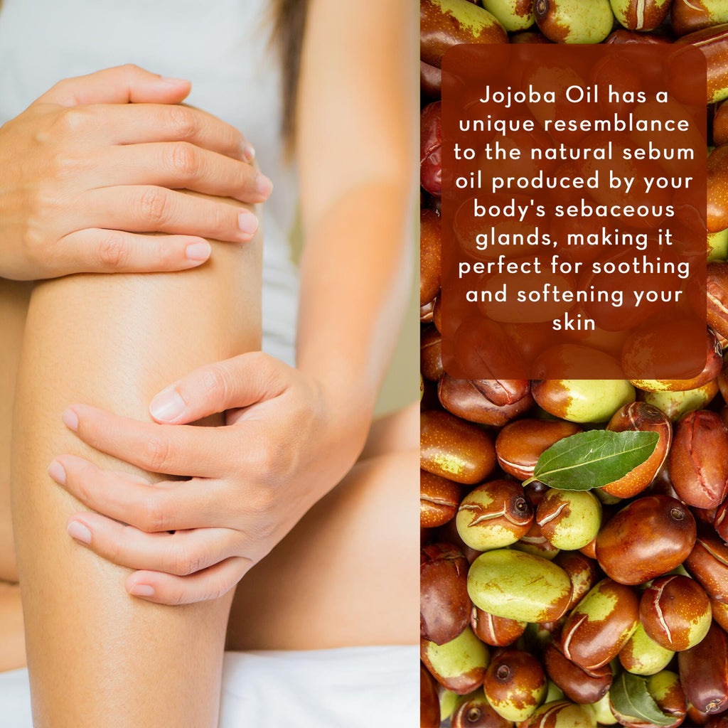 Person holding a knee with a close-up of jojoba beans and leaves on a white background.