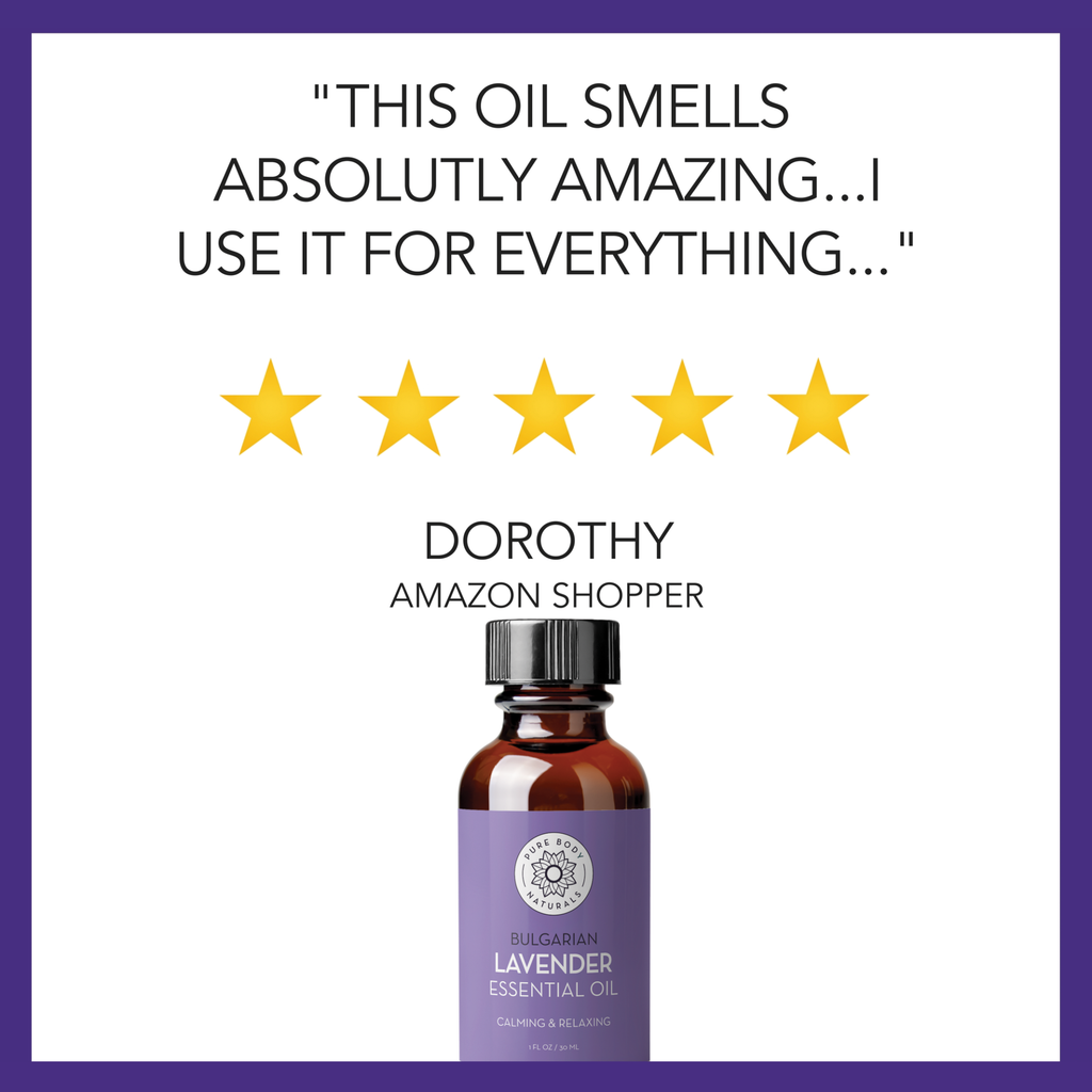 Bottle of lavender essential oil with five-star rating and customer review on a white background