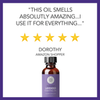Bottle of lavender essential oil with five-star rating and customer review on a white background