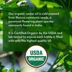 A promotional image for Cold Pressed Castor Oil. The text reads: "Our Cold Pressed Castor Oil is cold pressed from Ricinus communis seeds, a perennial flowering plant species commonly found in India. It is Certified Organic by the USDA and lab-tested to ensure each bottle is filled with only the highest quality oil." The USDA Organic seal is displayed at the bottom. The background features a close-up of green leaves.
