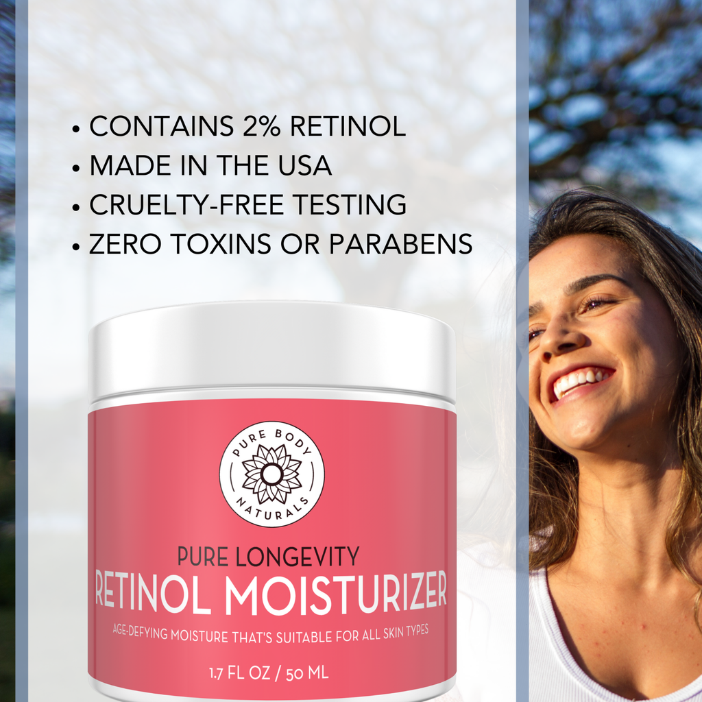 A woman smiles with a background of trees and sky. Beside her, a Retinol Moisturizer Cream, 1.7 Ounce container from Pure Body Naturals is displayed with claims: Contains 2% Retinol, Made in the USA, Cruelty-Free Testing, Zero Toxins or Parabens. Text in black on a white background.