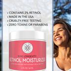 A woman smiles with a background of trees and sky. Beside her, a Retinol Moisturizer Cream, 1.7 Ounce container from Pure Body Naturals is displayed with claims: Contains 2% Retinol, Made in the USA, Cruelty-Free Testing, Zero Toxins or Parabens. Text in black on a white background.