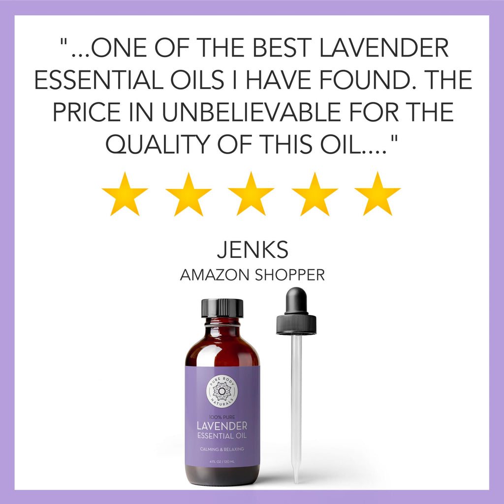 Lavender essential oil bottle with dropper and five-star rating on a purple background.