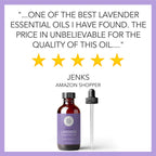 Lavender essential oil bottle with dropper and five-star rating on a purple background.