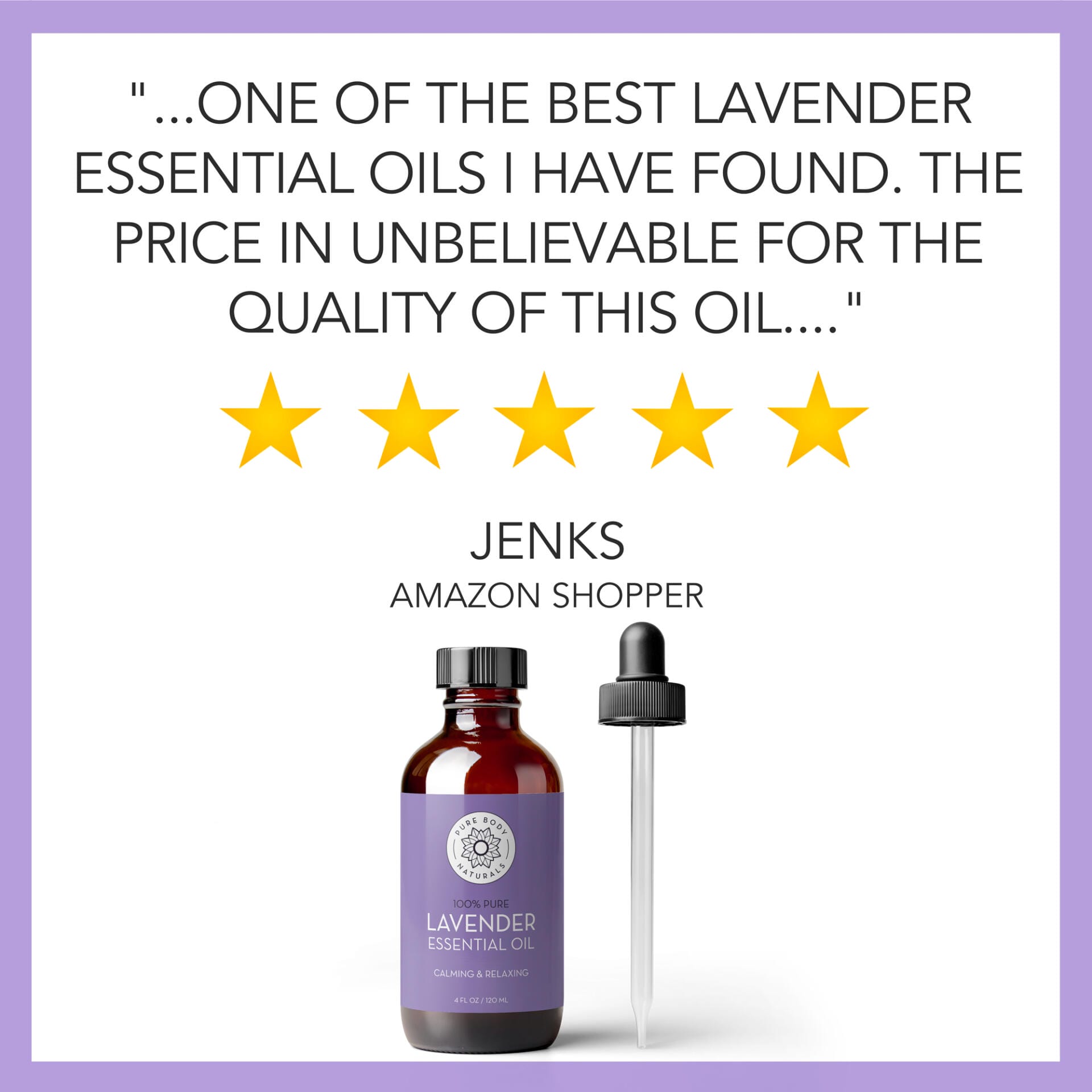 Lavender essential oil bottle with dropper and five-star rating on a purple background.