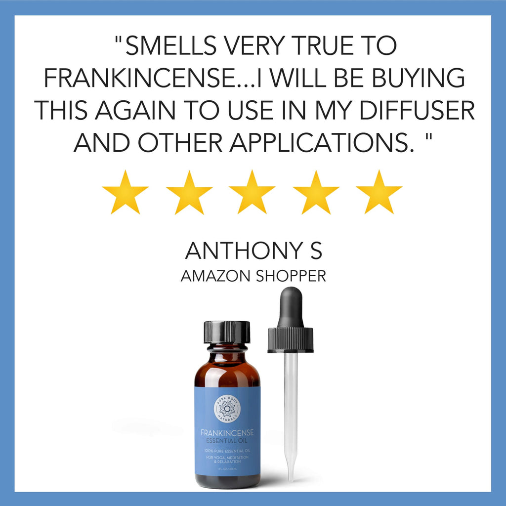 Customer review for a Frankincense Essential Oil, 1 fl oz product with a rating of five stars. The review reads, "Smells very true to frankincense... I will be buying this again to use in my diffuser and other applications." The reviewer is Anthony S, an Amazon shopper.