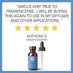 Customer review for a Frankincense Essential Oil, 1 fl oz product with a rating of five stars. The review reads, "Smells very true to frankincense... I will be buying this again to use in my diffuser and other applications." The reviewer is Anthony S, an Amazon shopper.