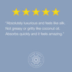 Five-star rating with review text on a blue background, featuring the Pure Body Naturals logo.