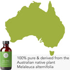 A green silhouette of Australia is shown. In the bottom-left corner, there is a bottle labeled "Tea Tree Essential Oil, 4 fl oz." Below the image, text reads "100% pure & derived from the Australian native plant Melaleuca alternifolia."
