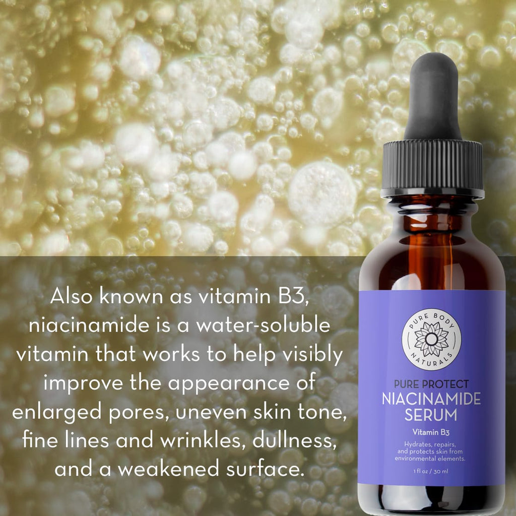 Bottle of niacinamide serum with text about its benefits on a blurred background