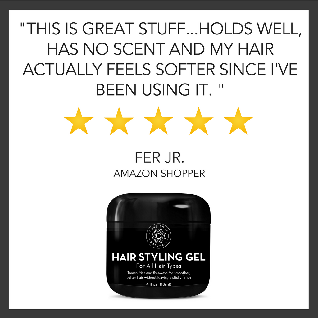 An image features a positive review for Hair Gel for Men by an Amazon shopper named Fer Jr. The review reads, "This is great stuff... holds well, has no scent and my hair actually feels softer since I've been using it." Above the text are five gold stars, and below it is a black container of Hair Gel for Men.