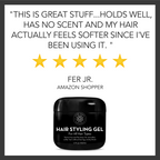 An image features a positive review for Hair Gel for Men by an Amazon shopper named Fer Jr. The review reads, "This is great stuff... holds well, has no scent and my hair actually feels softer since I've been using it." Above the text are five gold stars, and below it is a black container of Hair Gel for Men.