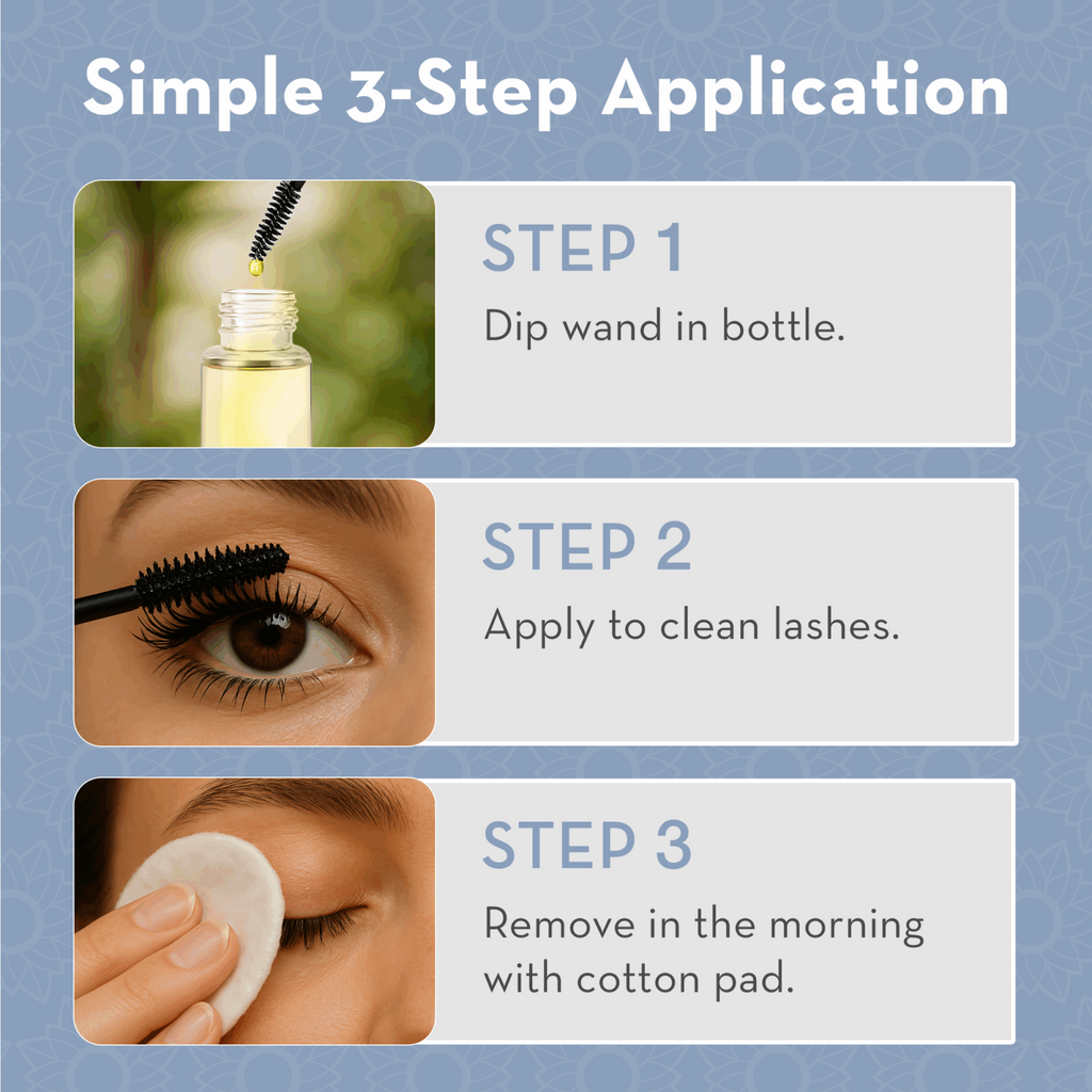 Instructions for a simple 3-step eyelash care application process with images and text.