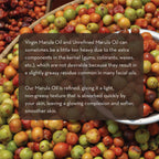 A background of variously colored Marula fruits. Overlaying text explains the benefits of Virgin Marula Oil and Unrefined Marula Oil, highlighting the light, non-greasy texture of their Marula Facial Oil, which results in a glowing complexion and softer, smoother skin.