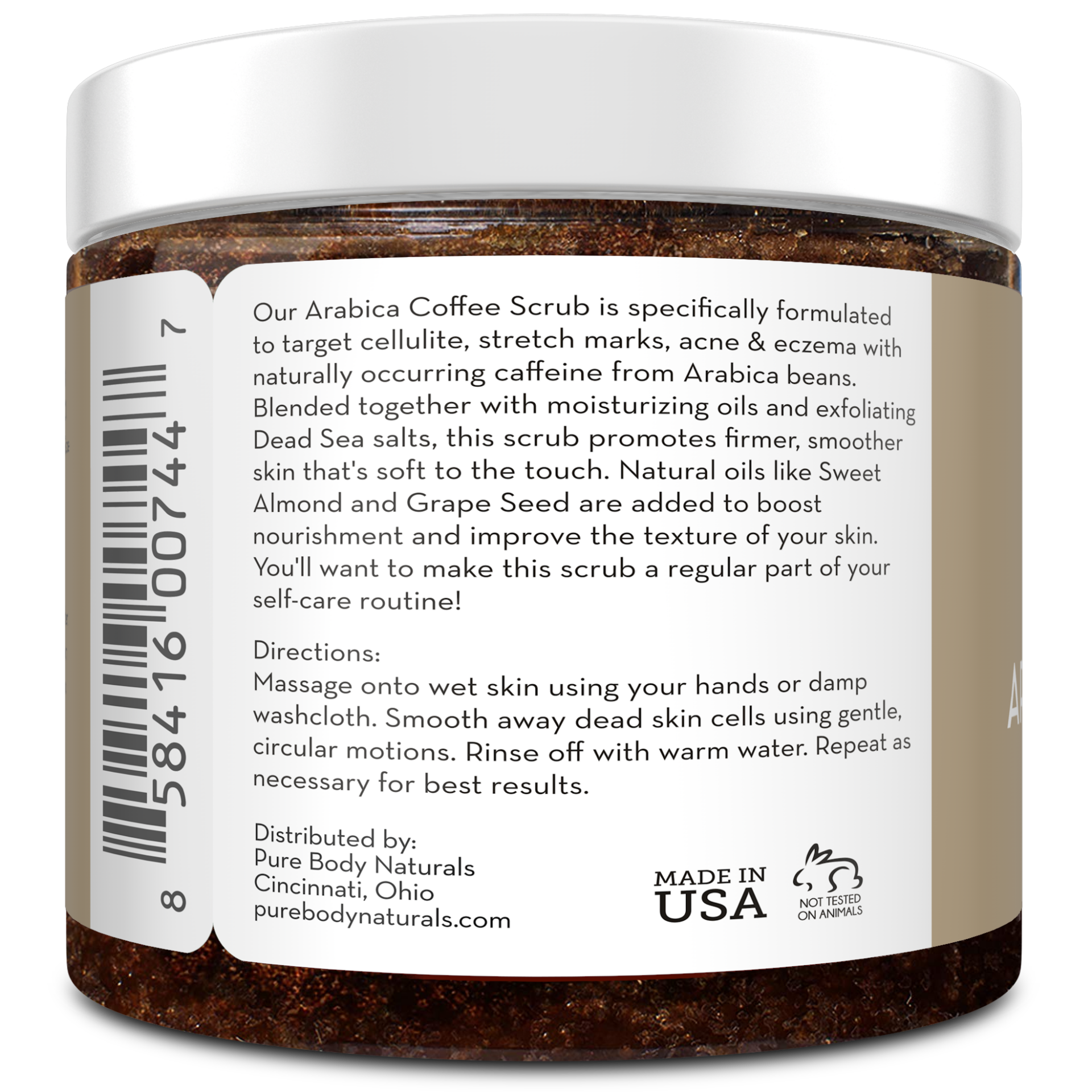 Jar of Arabica Coffee Scrub with label on a white background