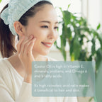 A woman with a blue headband smiles and touches her face. Text next to her reads, "Cold Pressed Castor Oil is high in Vitamin E, minerals, proteins, and Omega 6 and 9 fatty acids. Its high ricinoleic acid ratio makes it beneficial to hair and skin." A plant is in the background.