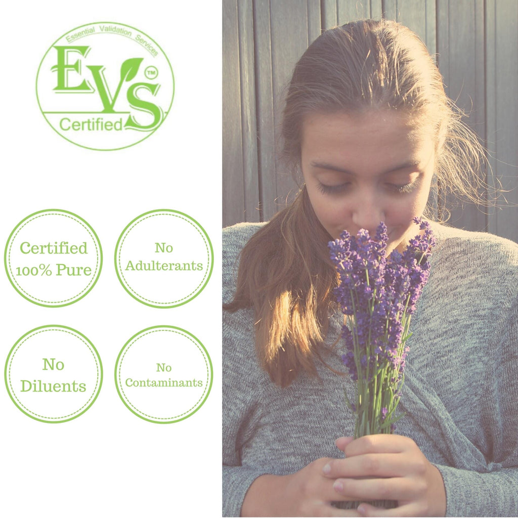 Woman smelling lavender with EVS Certified logo and certification details on a white background