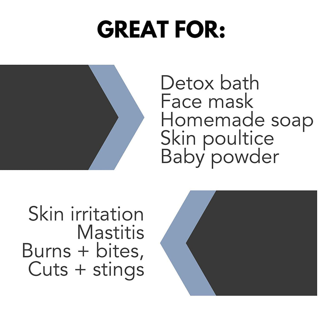 The image features text listing benefits of Bentonite Indian Healing Clay, 100% Pure: "GREAT FOR: Detox bath, Face mask, Homemade soap, Skin poultice, Baby powder. Skin irritation, Mastitis, Burns + bites, Cuts + stings" with decorative arrows pointing toward the text.