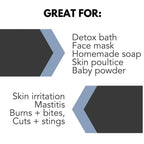 The image features text listing benefits of Bentonite Indian Healing Clay, 100% Pure: "GREAT FOR: Detox bath, Face mask, Homemade soap, Skin poultice, Baby powder. Skin irritation, Mastitis, Burns + bites, Cuts + stings" with decorative arrows pointing toward the text.